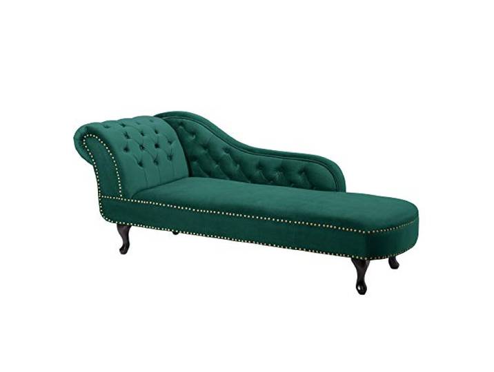 Recamiere CHESTERFIELD - 170cm - smaragdgrün - Samt Knopfheftung Design Armlehne, Rundumbezug, Nietenbesatz, Nosagfederung, Wellenfederung, hoher Komfort, angenehme Haptik, Eyecatcher