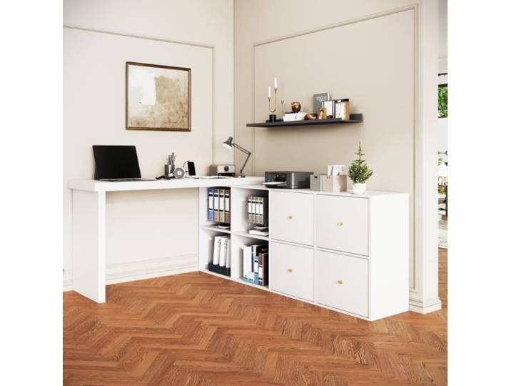 Bureau d'angle plateau pivotant à 360° - en forme de L ou réglable droit avec 4 compartiments 4 tiroirs bureau Ordinateur