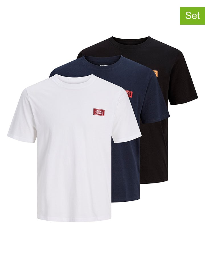 Jack & Jones 3er-Set: Shirts in Dunkelblau/ Weiß/ Schwarz - L