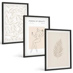 BILDER SET 3er Set - 40x60 cm Schwarzer Rahmen - Minimalistische botanische Motive