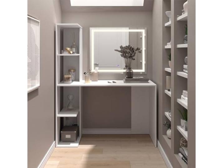 Vicco Schminktisch Tower, Weiß 122.2 cm LED-Spiegel · 4 Ablagen für Deko & Accessoires · Freistehend · Offenes Design · Kompakte Form
