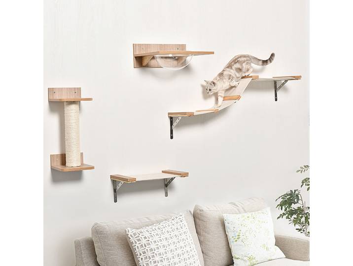 PawHut Mur d'escalade 4 en 1 pour chats - Arboricat Arbre à griffer Plateforme de saut Hamac Acrylique Polyester Sisal Pin