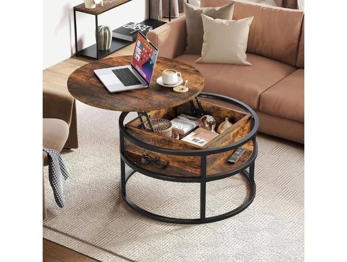 Table de salon avec plateau relevable-MENGDA-Table multifonctionnelle pour salon-Compartiment intérieur-Plateau rond-Marron