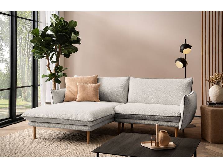 Ecksofa BYKLE mit Longchair Silber Bouclé Stoff Anouk 222cm Longchair davorstehend links Modern