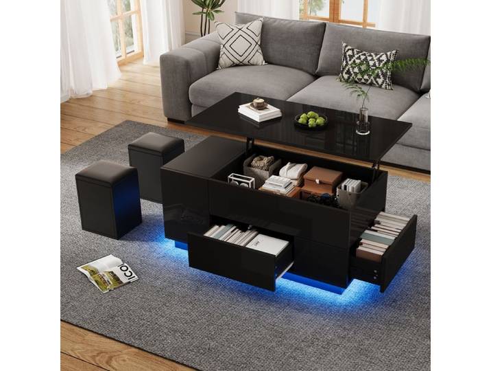 VLIVRA Table Basse - avec 2 Tiroirs et Table Élévatrice LED Contrôlable via App design Moderne 100x50x45/59 cm - Noir