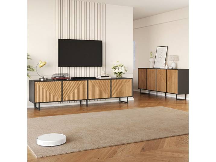 ROVRYN Ensemble meuble TV 180 cm et buffet 160 cm 4 portes décor bois naturel et noir