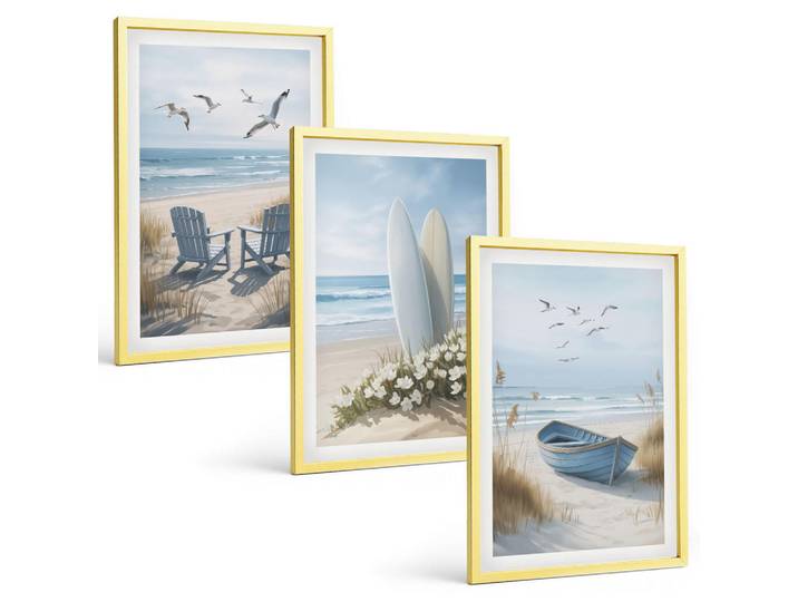 Tulup Bilder SET 3er Set - 40x60 cm Goldrahmen - Strand Surfbretter Vögel, Goldfarben, Kunststoff, Rechteckig, 40x60 cm, gerahmt, Bilder & Rahmen, Bilder