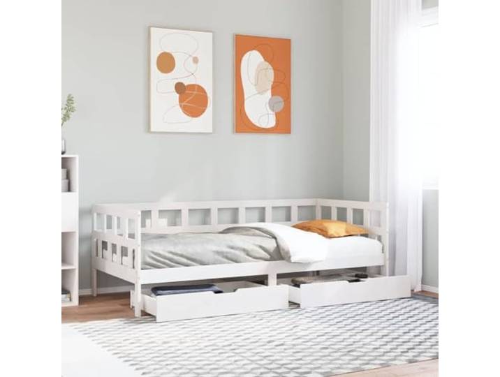 RJPLMFV Tagesbett, 2-in-1, Weiß, 90 x 200 cm, massives Kiefernholz Mit 2 Aufbewahrungsschubladen, Sicherheitsbarrieren 3 Seiten, Lattenrost inklusive, ohne Matratze