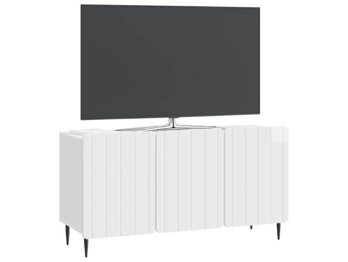 GKHPYURE TV-Schrank weiß glänzend 99 x 34,5 x 52 cm Holz 3 Flügeltüren, Stahlbeine, großer Innenraum, pflegeleicht, vielseitig einsetzbar