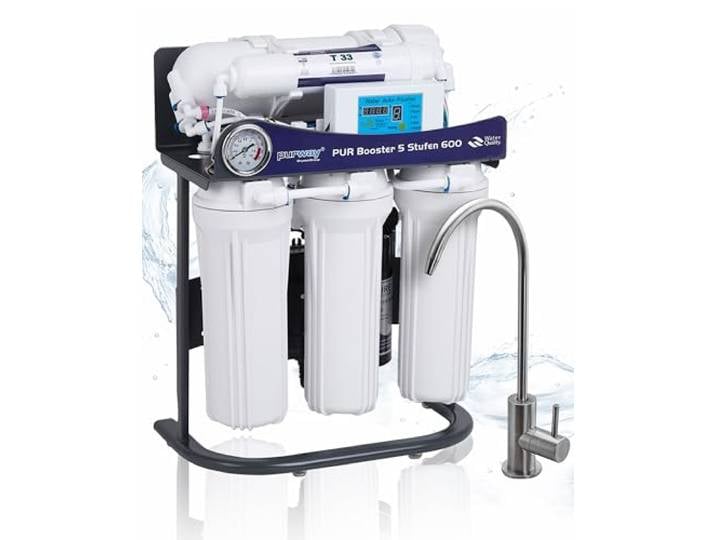 purway® PUR Booster 5 Stufen 600 GPD Direct flow tanklose Osmoseanlage Umkehrosmoseanlage mit Trinkwasserfilter und Osmose Wasserfilter für reines und klares Trinkwasser + Aquarium Aquaristik