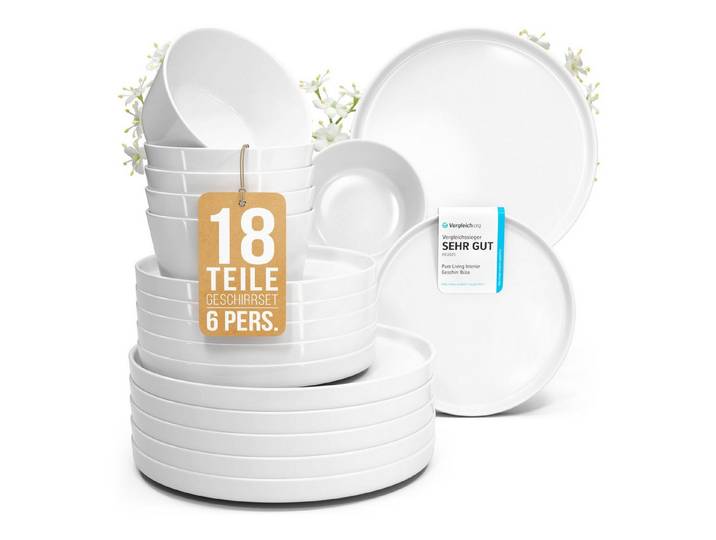 PURE LIVING INTERIOR DESIGN Geschirr-Set Pure Living »Crystal« (18-tlg), 6 Personen, Porzellan Weiß, 6 Personen, Porzellan, Zeitloses minimalistisches Design, Reines Weiß – elegant & schlicht, …