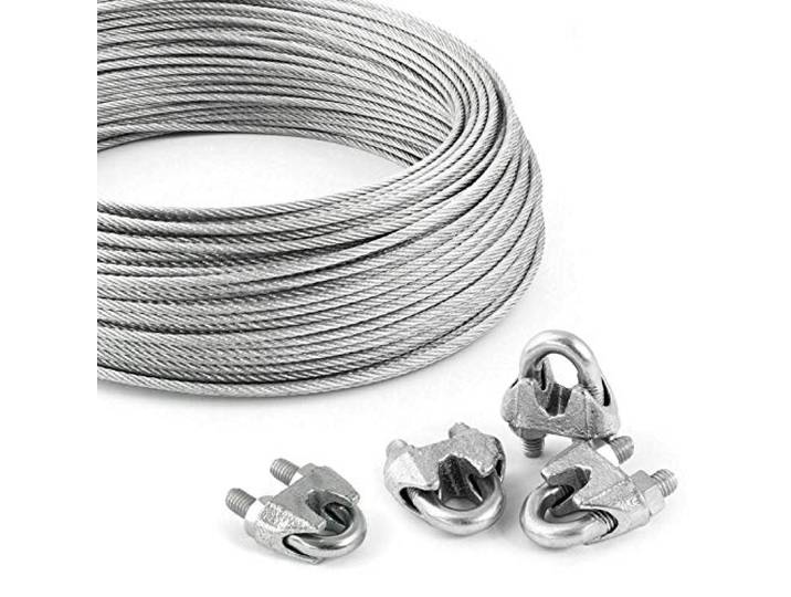DQ-PP Stahlseil SET 1 – 8mm 6x19 weich – 50 Meter – Stahl verzinkt – 4x Seilklemmen Bügel 8mm – Drahtseil für Rankhilfe Forstseil
