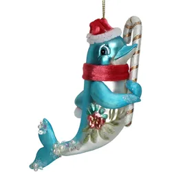 Christbaumschmuck Glas 16,7cm Delfin mit Zuckerstange Figur Weihnachtsbaum Anhänger Weihnachten Christbaumanhänger Weihnachtsbaumschmuck Blau
