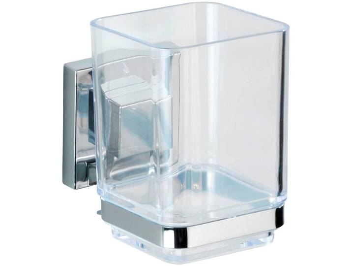 Zahnputzbecher WENKO Vacuum-Loc Modell Quadro , transparent, B:7,5cm H:10cm, Edelstahl, Kunststoff, Zahnputzbecher, Zahnputzbecher, mit Wandhalterung ohne Bohren, Edelstahl und Kunststoff
