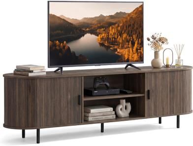Costway TV Stand for 80 Inch TVs Mid Century Modern Entertainment Center with Fluted Sliding Doors-Walnut