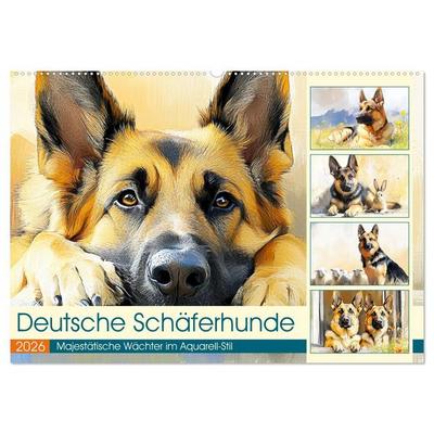 Deutsche Schäferhunde. Majestätische Wächter im Aquarell-Stil (Wandkalender 2026 DIN A2 quer), CALVENDO Monatskalender