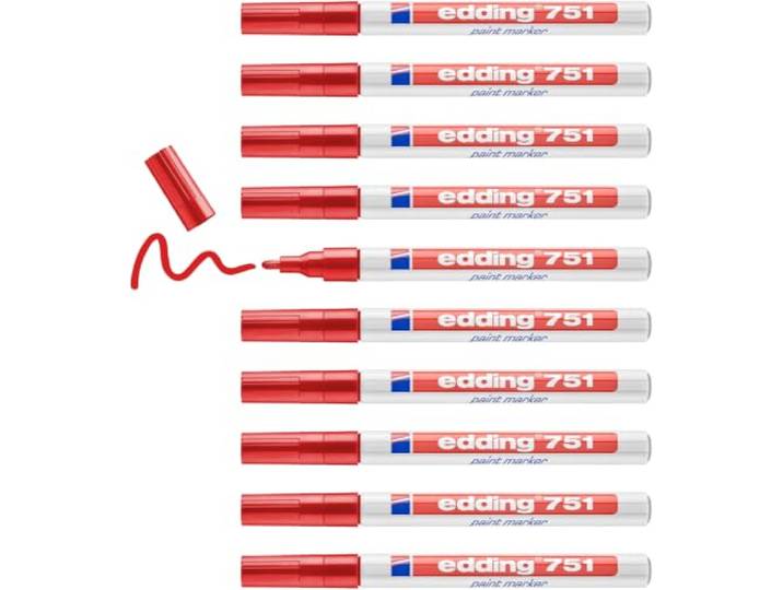 edding 751 lakmarker - rood - 10 verfstiften - ronde punt 1-2 mm - verfstift voor markeren en labelen van metaal, glass, steen of plastic - hittebestendig, permanent, veegvast en watervast