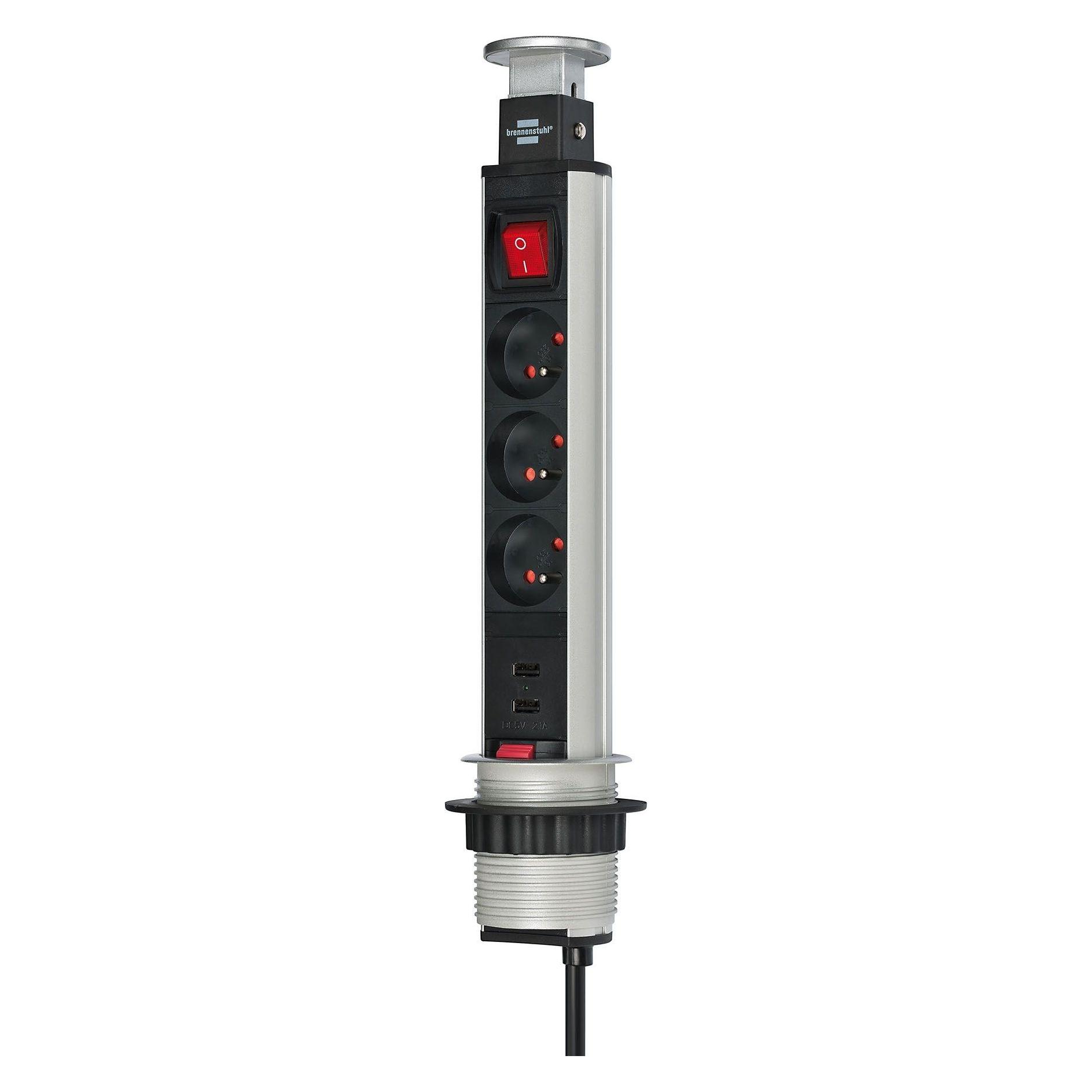 Brennenstuhl Multiprise encastrable 3 prises + 2xUSB et interrupteur 2m (Gris/Noir)) (3x, 2 m) (1396201013)