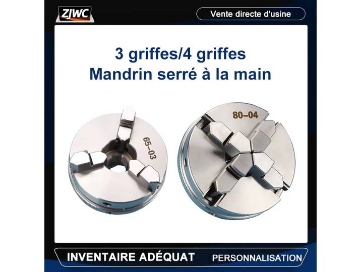 Micro tour Mini 50 65 80, mandrin à trois mâchoires et 4 mâchoires en acier inoxydable, mandrin domestique pour le travail du bois, quatre mâchoires serrées à la main, broche de tour 50