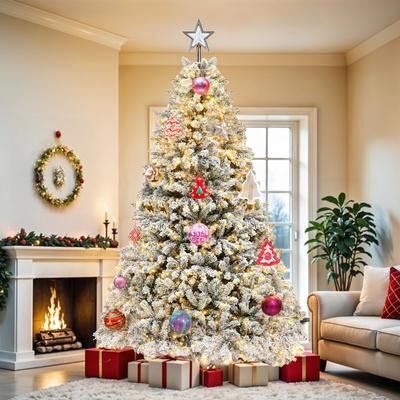 Discount Dollar Deals Prelit Snow Flocked Christmas Tree, Artificial Full Tree With Remote Prelit Snow Flocked Christmas Tree, Artificial Full Tree With Remote