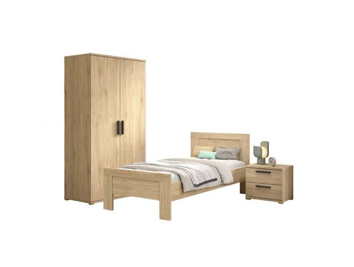 MARCO - Chambre Enfant Lit 90x200cm + Chevet + Armoire 2 Portes Aspect Chêne