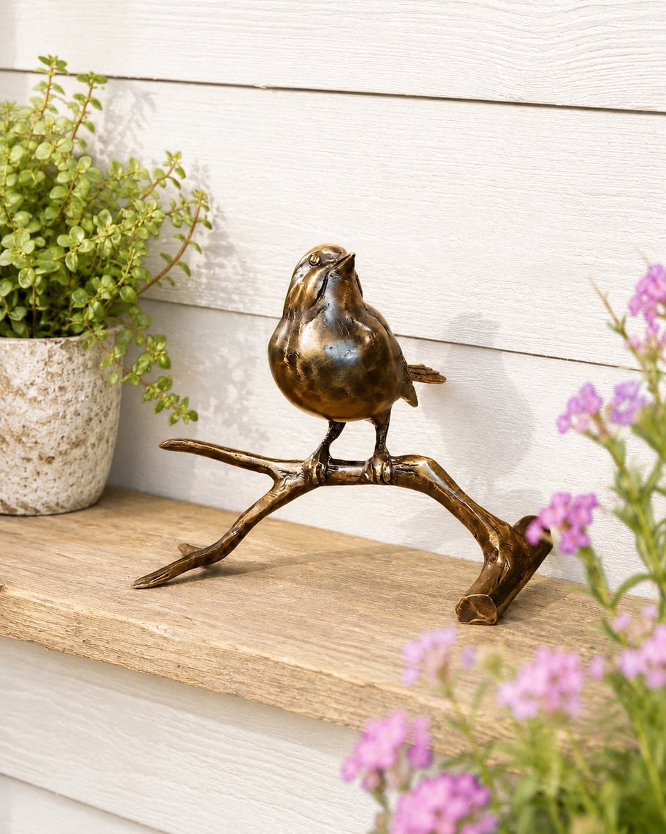 Bronzen Mus op Tak Dierenbeeld voor op Tafel