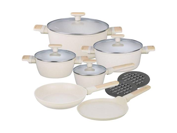 Kochset m. marmorierter Antihaftbeschichtung, 12-teilig, beige