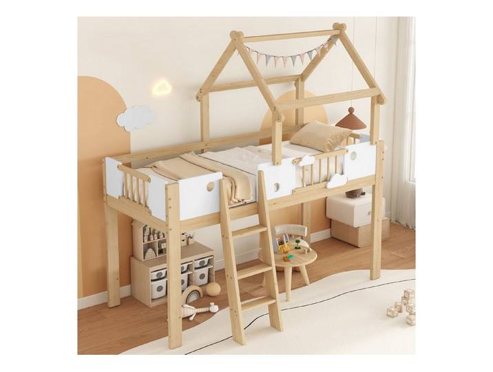 Odikalo Kinderbett Hochbett Holzbett Fallschutz Dach Schrägleiter 90x200cm Natur Weiß