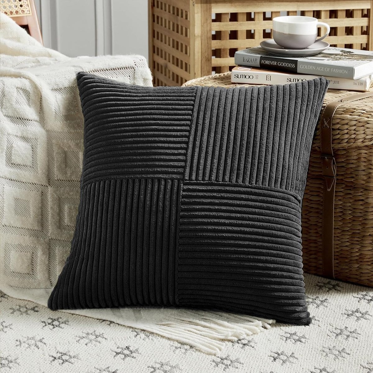 Sierkussenhoes Zacht Ribfluweel Boho Stijl Zwart 45x45 cm