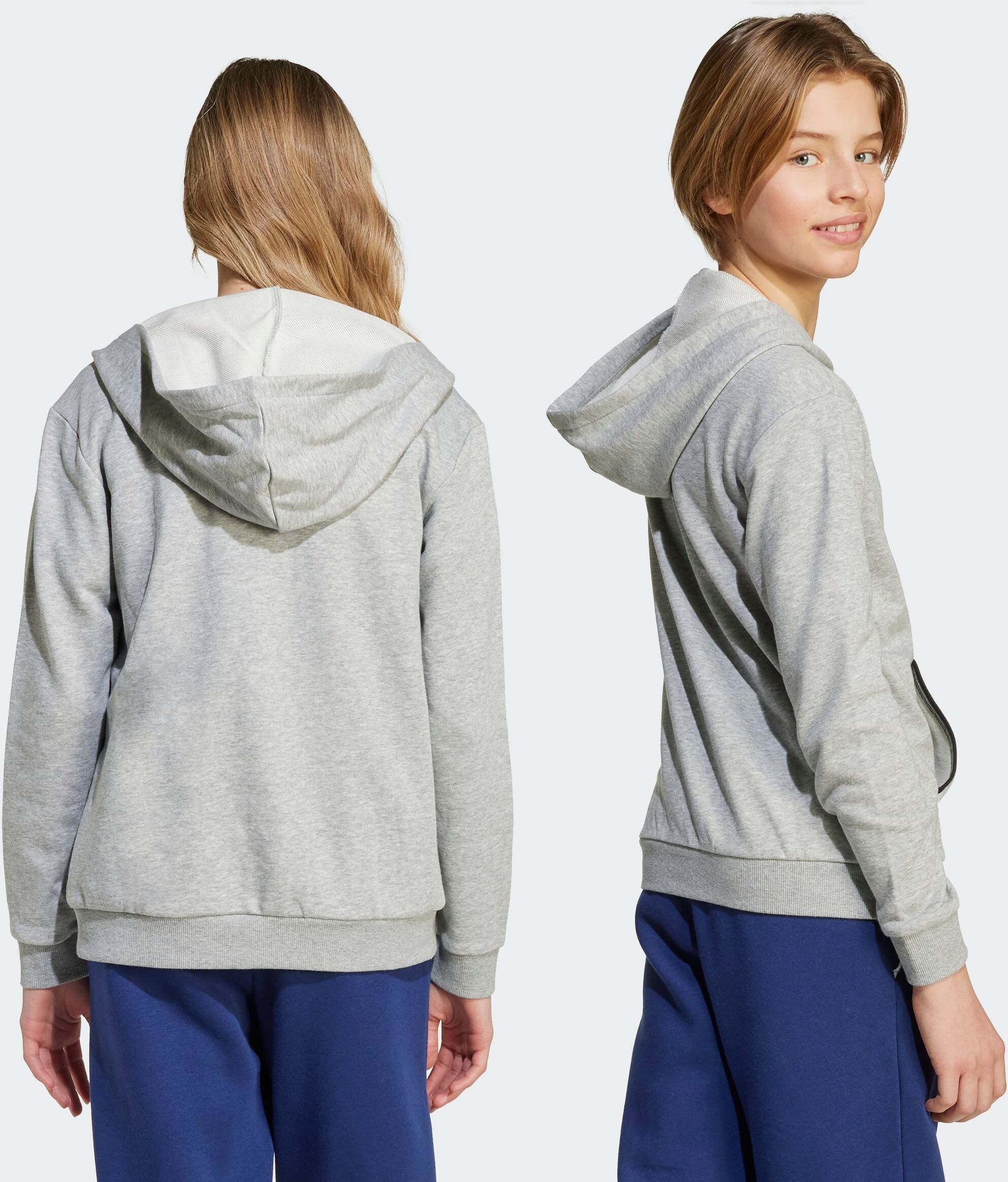 Kapuzensweatshirt ADIDAS SPORTSWEAR "SEASONALS ESSENTIALS COLLEGIATE TYPOGRAPHY FULL-ZIP HOODIE KIDS", Mädchen, Gr. 128, schwarz (medium grau heather, schwarz), Obermaterial: 70% Baumwolle, 30% Polyester, normal, Rundhals, angesetztes Bündchen, Sweatshirt