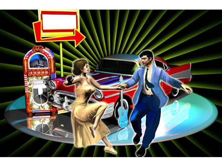 Fototapete PAPERMOON Mann und Frau tanzen vor Auto , bunt, B:2,5m L:1,86m, Vlies, Tapeten, Fototapete