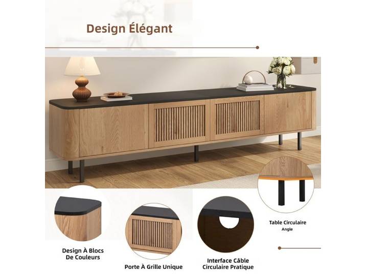 Meuble TV moderne 190x35x45 cm chêne avec portes grillagées et rangement