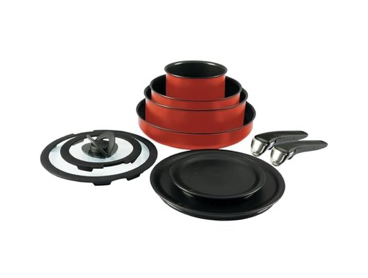 T-fal Ingenio Antihaft-Kochgeschirr-Set, 10-teilig, Induktion, ofenfest, 500 °C, Kochgeschirr, Töpfe und Pfannen, Wohnmobil, Camping, Ofen, Broil, spülmaschinenfest, abnehmbarer Griff, rot