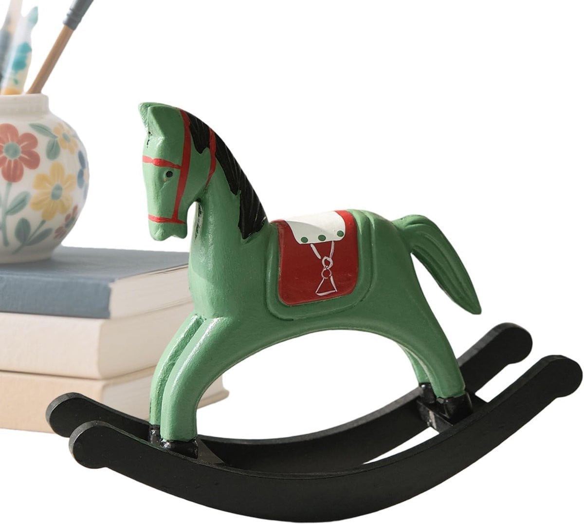Decoratief Paard Groen - Handgesneden Paardenbeeldje Ornament voor op de Tafel - 22 x 17,5 cm