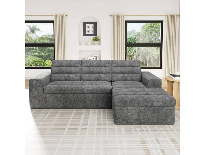 Canapé d'angle sectionnel L style moderne minimaliste canapé en tissu agencement modulable 4 places velours côtelé gris clair