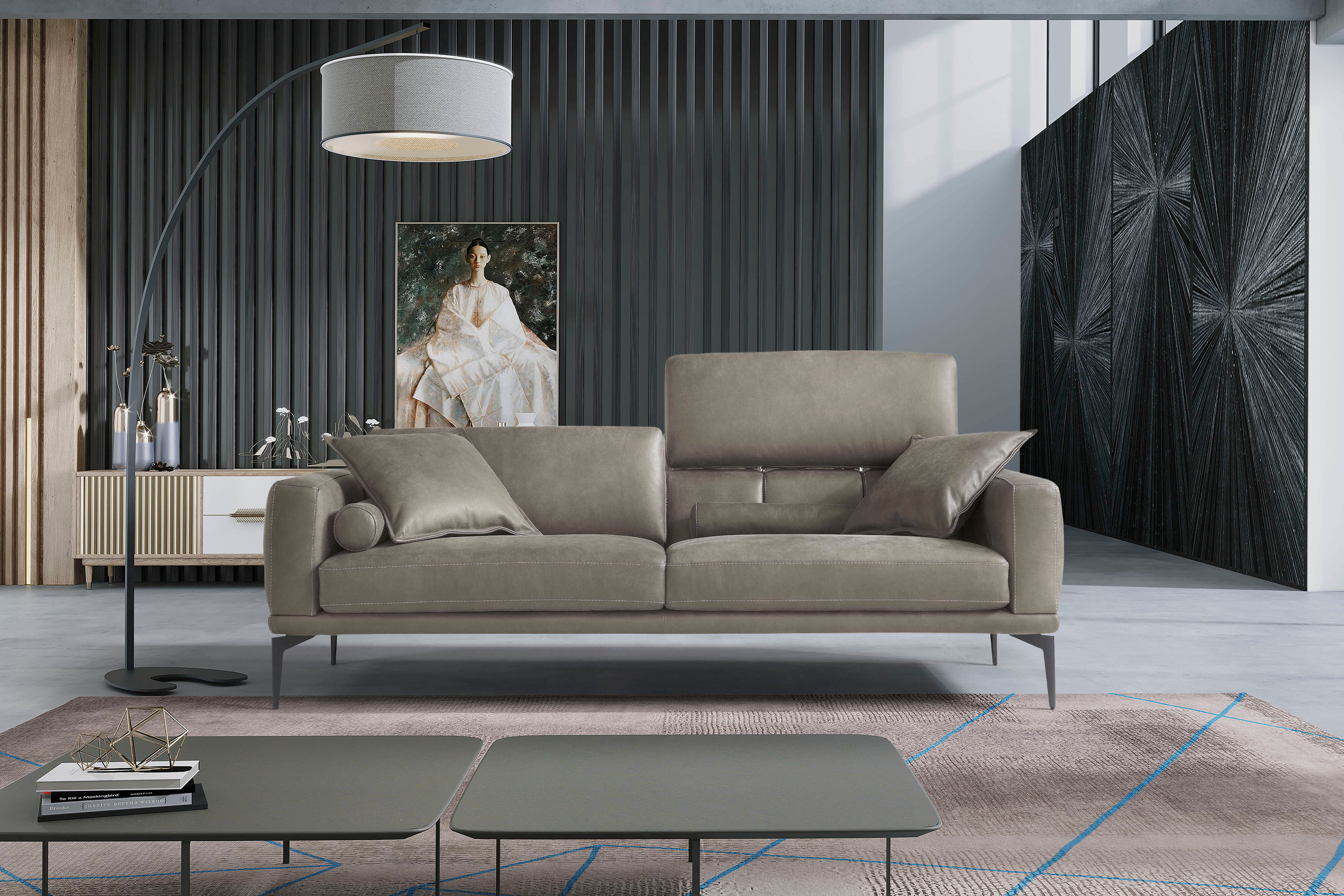 2,5-Sitzer EGOITALIANO "Masu, Designsofa mit erstklassigem Sitzkomfort, Breite 218cm", grau (zinn), B:218cm H:95cm T:97cm, LEDER BACIO hat eine weiche und wachsartige Hand mit halb undurchsichtigem Aussehen. Es handelt sich um ein Naturleder, das die ursp
