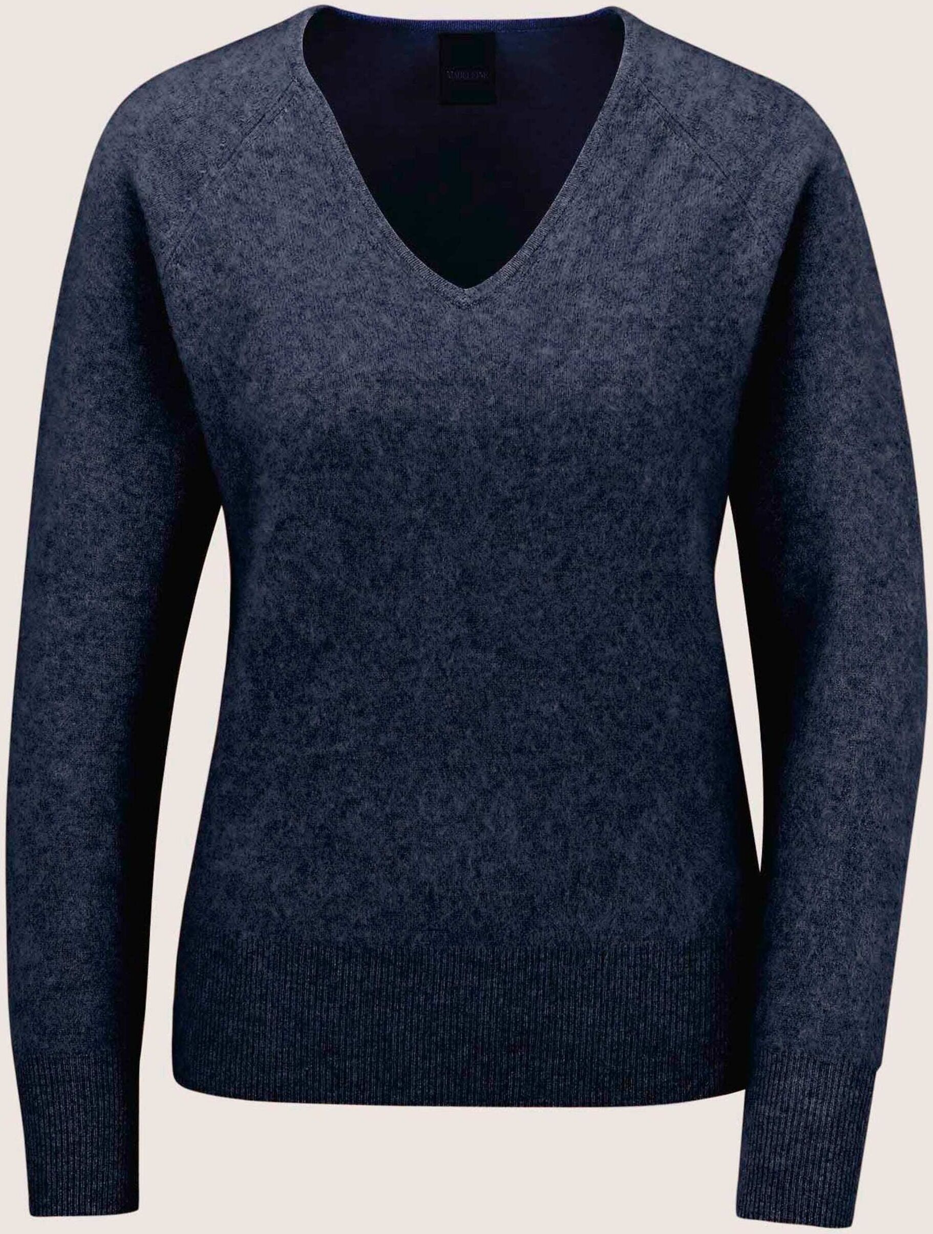 Longpullover MADELEINE "Pullover Schurwoll-Pullover mit V-Ausschnitt", Damen, Gr. 44/46, blau (marine), Modern, slim fit, Pullover Longpullover