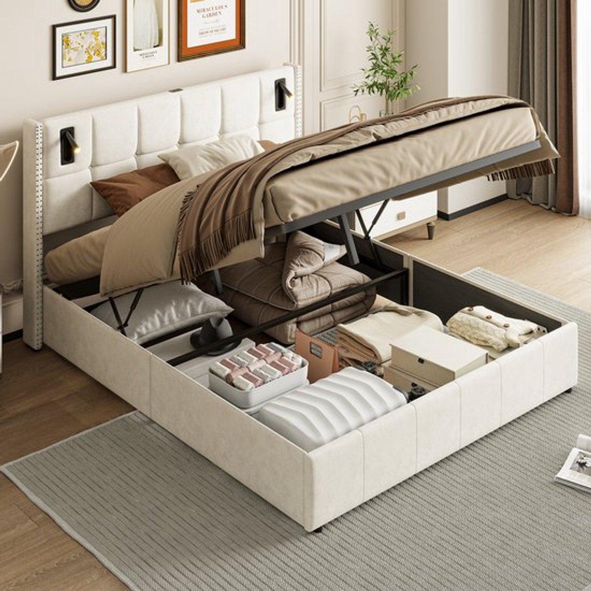 Bett mit Polsterung - Hydraulisch verstellbar - Zweibettig - Samtbezug - Mit Stauraum