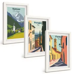 BILDER SET 3er Set - 20x30 cm Weißer Rahmen - Berglandschaften und Italien