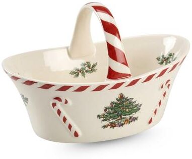 "Spode Christmas Tree Peppermint Handled Basket - 6.5"" D x 4"" H"