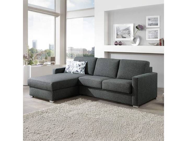 Eck-Schlafsofa Lelio Webstoff mit Lattenrost und Bettkasten Ottomane links Kunstfaser 86x278x178cm Dunkelgrau klappbar modern