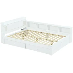OKWISH Doppelbett Holz Weiß 140x200 cm mit Kopfteil-Ablage, 2 Leuchten, Ladebuchse, seitlichen Stauschränken und 2 Schubladen