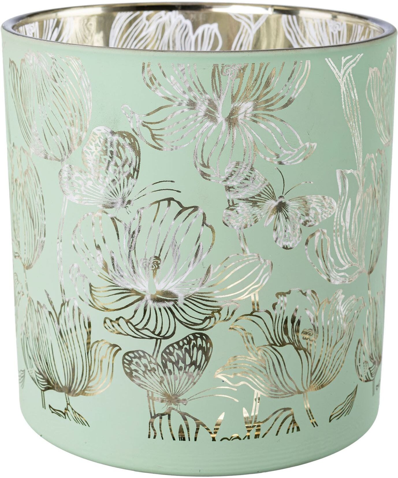 Kerzenhalter CREATIV HOME "Windlicht", grün (mint), H:15cm Ø:15cm, Kerzenhalter, Kerzenhalter, mit floralem Motiv mint B/H/T: 15cm
