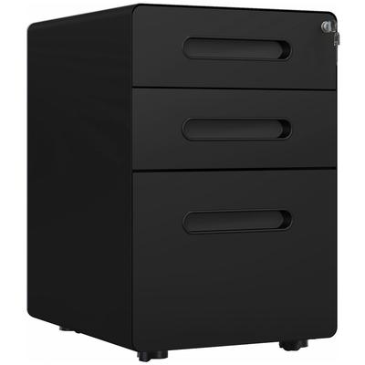 OKWISH Rollcontainer Aktenschrank aus Stahl Schwarz 39x48x59 cm mit 3 Schubladen Hängeregister Schloss und 4 Rollen für Büro Ordnung