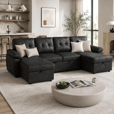 Fundinbaths "112"" Convertible U-Shaped Sectional Sleeper Sofa with Pull-Out Bed and Dual Storage Chaises"