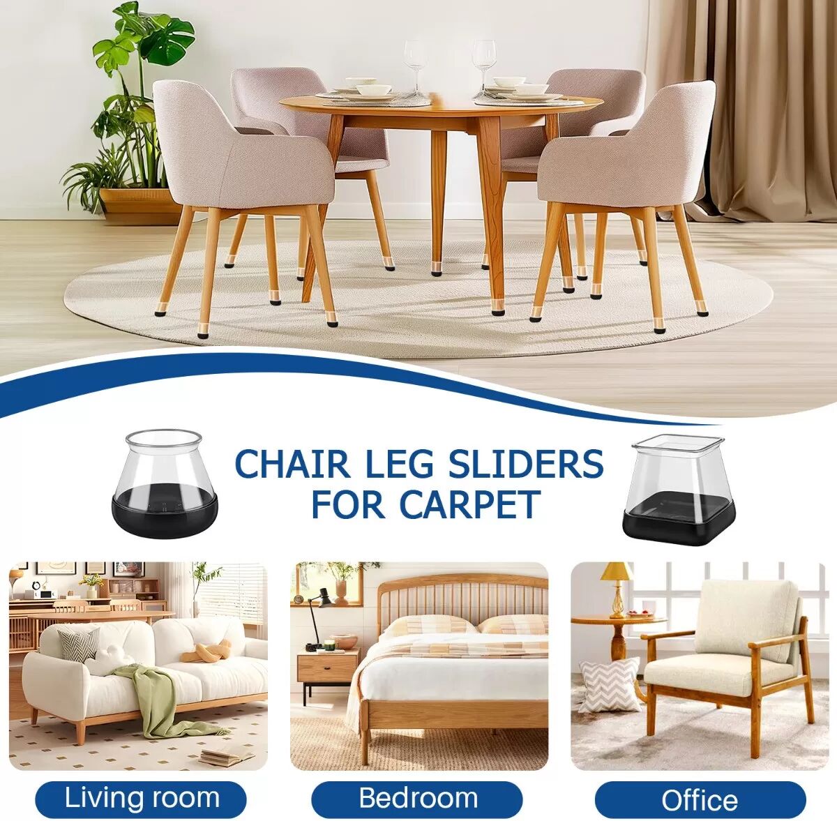 INF Protège-pieds de chaise carrés - Fond noir transparent, Très Large (Paquet de 16)