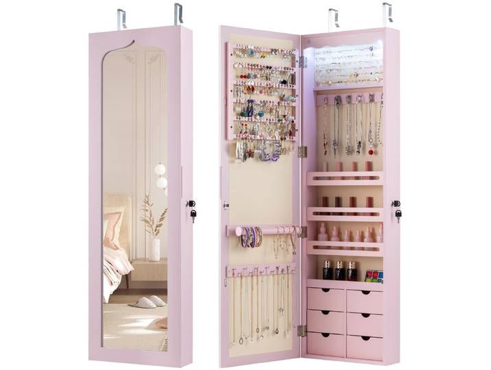 Sieradenkast met LED Afsluitbare Wand-/Deursieradenkast met Spiegel & 6 Lades Roze