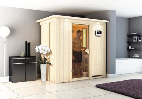 Elementsauna Karibu Mariado inkl. 9 kW -Ofen und externe Steuerung mit Dachkranz und bronzierter Ganzglastüre