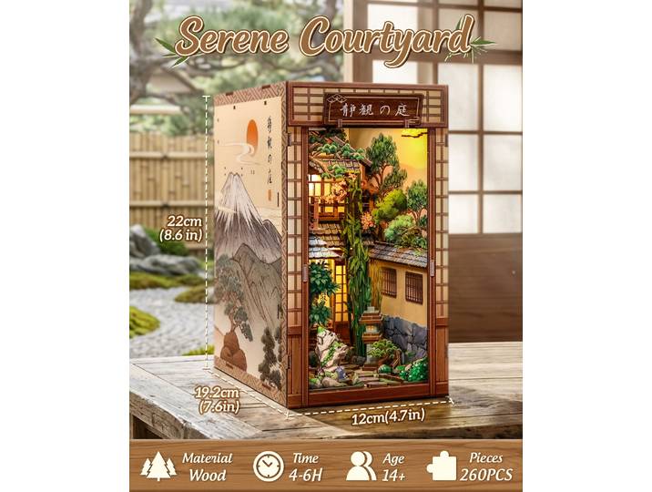 CUTEBEE Bookstore Model Miniature House DIY 3D Wooden Puzzle Bookshelf Insert Serene Courtyard with Dust Cover for Room Decor