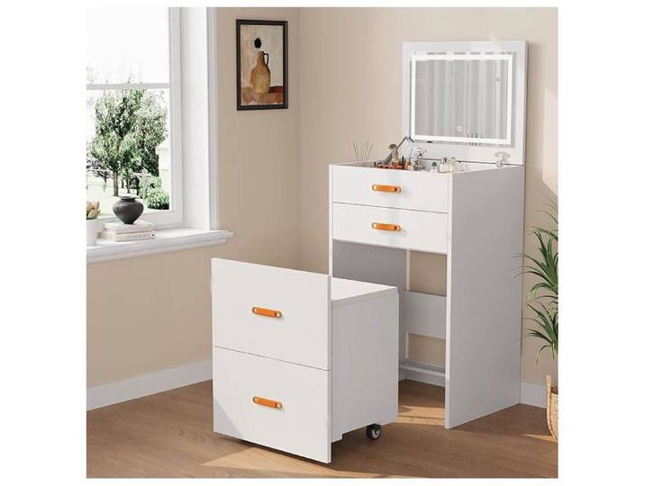 Coiffeuse compacte 3-en-1 miroir LED réglable - Rangement + table de nuit + chaise roulettes - Petit espace - Blanc